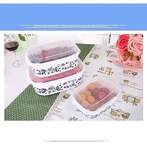 BONHEUR Come el Almuerzo Caja de envase de alimento con una Tapa del cajón for Verduras de Tres Piezas de Barro Porcelana Azul y Blanca Quemaduras de Sol Caja de plástico