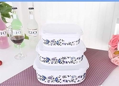 BONHEUR Come el Almuerzo Caja de envase de alimento con una Tapa del cajón for Verduras de Tres Piezas de Barro Porcelana Azul y Blanca Quemaduras de Sol Caja de plástico