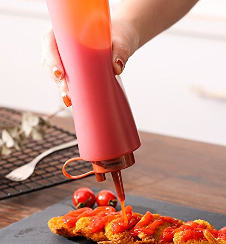 Botella plástica de presión con Tapa para Ketchup Mostaza Tahini Mayonesa Aliño de ensaladas Dispensadores de Salsa de ostra, 400 ml, Rojo/marrón/Gris Oscuro/Azul Cian, Juego de 4