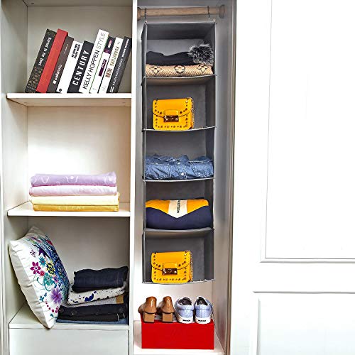 BrilliantJo Organizador Colgante para Armario de 5 Niveles y con 6 Bolsillo, Estantería Colgante de Tela y 2 Ganchos, Estante de Tela para Armario para Ropa, Toallas (30 * 30 * 108cm, Gris)