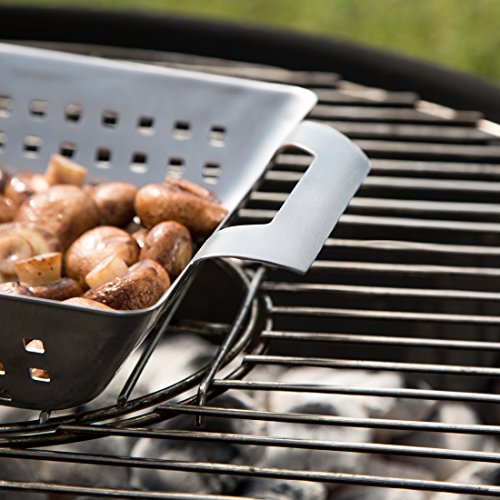 Bruzzzler Grill Cesta para barbacoa y horno de acero inoxidable, para asar carne, pescado y verdura de forma homogénea, apta para el lavavajillas, Plata, 28x20,5x5,5 cm
