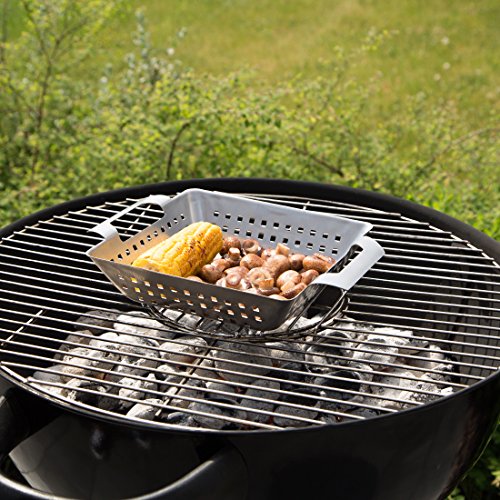 Bruzzzler Grill Cesta para barbacoa y horno de acero inoxidable, para asar carne, pescado y verdura de forma homogénea, apta para el lavavajillas, Plata, 28x20,5x5,5 cm
