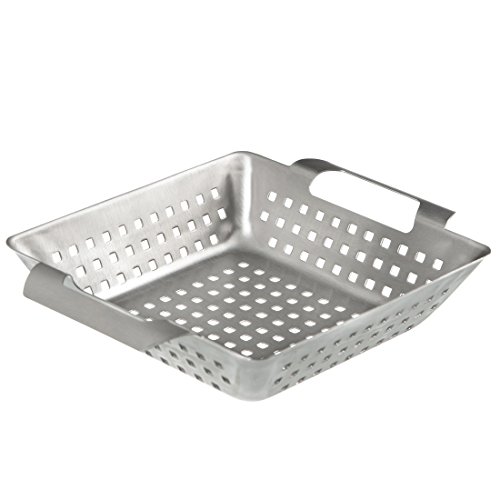 Bruzzzler Grill Cesta para barbacoa y horno de acero inoxidable, para asar carne, pescado y verdura de forma homogénea, apta para el lavavajillas, Plata, 28x20,5x5,5 cm