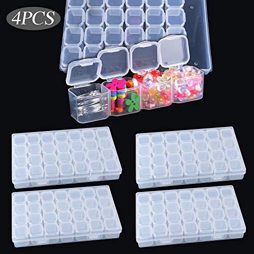 BUONDAC 4pcs Cajas de Almacenamiento de Plástico Transparente con 112 Compartimentos Organizador Piezas Pequeñas Pastillas Pintura Bordado Diamantes Cuentas Granos Accesorios Arte de Uñas