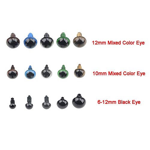 B•You Ojos de Seguridad de Plástico,Ojos Amigurumi 150 Piezas 8mm 10mm 12mm Vistoso Sólidos Negros con Arandelas en Caja de Almacenaje para Oso de Peluche Oso Muñeca Marioneta y Manualidades