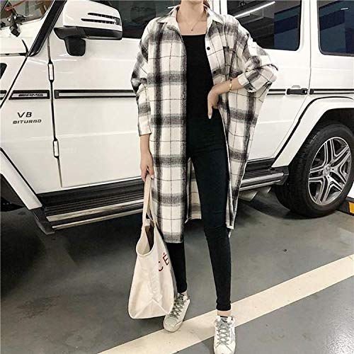 Camisa de cuadros Mujer 2020 Primavera Otoño Ocio Suelta Moda Más el Tamaño Tops Manga Larga Delgada Sobre la Rodilla Cazadora - Negro - Medium
