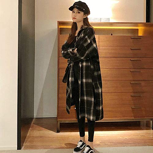 Camisa de cuadros Mujer 2020 Primavera Otoño Ocio Suelta Moda Más el Tamaño Tops Manga Larga Delgada Sobre la Rodilla Cazadora - Negro - Medium