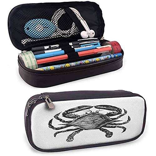 Cangrejos Funda de lápiz de cuero Monocromo Dibujo de un animal de la familia de crustáceos Inspirado en el mar Negro Blanco