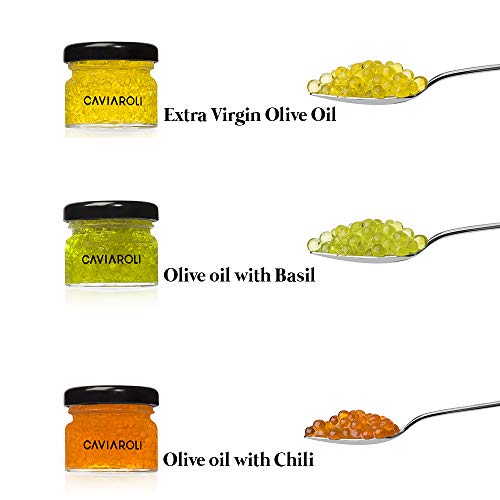 Caviaroli - Trio Encapsulado de Aceite de Oliva Virgen Extra, Arbequina, Guindilla y Albahaca - Estuche - 3x20 g