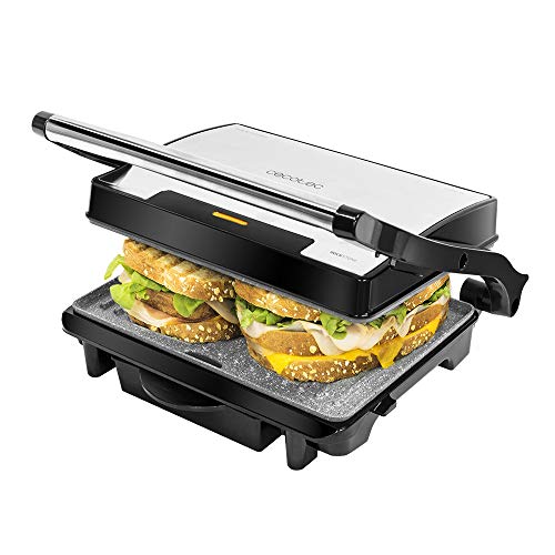 Cecotec Parrilla eléctrica Rock’nGrill 1500 Rapid. Revestimiento de piedra RockStone, placa superior adaptable en altura, bandeja recogegrasas,1500W de potencia, revestimiento ecológico