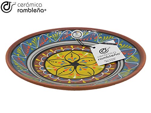 CERÁMICA RAMBLEÑA | Plato Decorativo para Colgar en Pared | Plato de cerámica | Plato decoración Mediterránea Azul-Blanco-Amarillo | 100% Hecho a Mano | 21x21x2.5 cm