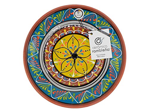 CERÁMICA RAMBLEÑA | Plato Decorativo para Colgar en Pared | Plato de cerámica | Plato decoración Mediterránea Azul-Blanco-Amarillo | 100% Hecho a Mano | 21x21x2.5 cm