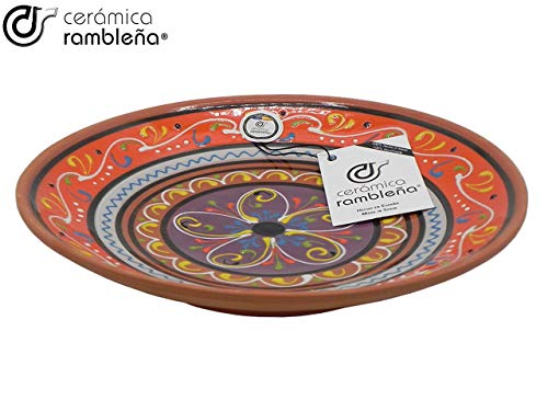 CERÁMICA RAMBLEÑA | Plato Decorativo para Colgar en Pared | Plato de cerámica | Plato decoración Mediterránea Naranja-Blanco-Violeta | 100% Hecho a Mano | 28x28x4.5 cm