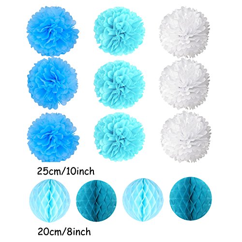 Cocodeko - Juego de pompones de papel de seda y abanico de abeja para cumpleaños, baby shower, bodas, festivales, decoración, azul, 3 gramos