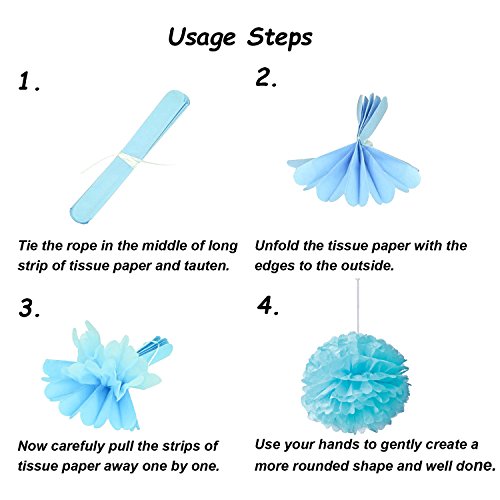 Cocodeko - Juego de pompones de papel de seda y abanico de abeja para cumpleaños, baby shower, bodas, festivales, decoración, azul, 3 gramos