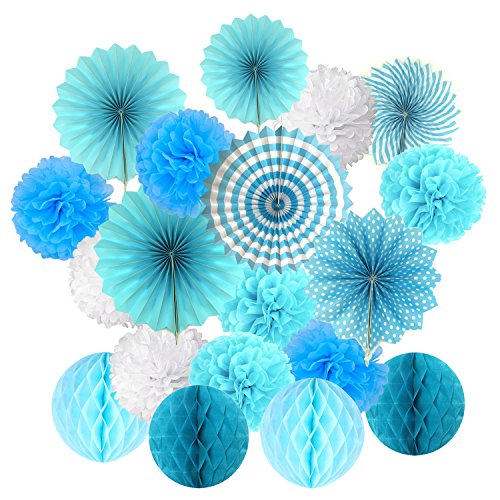Cocodeko - Juego de pompones de papel de seda y abanico de abeja para cumpleaños, baby shower, bodas, festivales, decoración, azul, 3 gramos