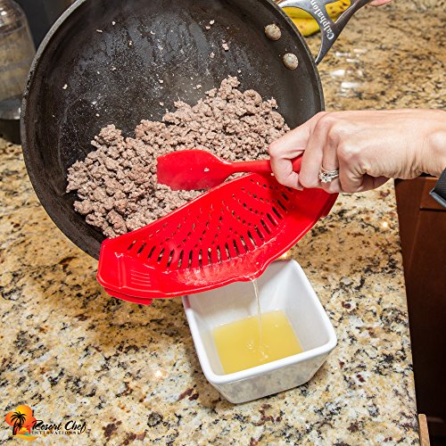 Colador de Olla con Clip de Cocina. Lo Mejor para filtrar Pasta, Grasa, Huevos, arroz, Frutas y Verduras - Materiales aprobados por LFGB sin BPA - Incluye espátula de Silicona Correspondiente