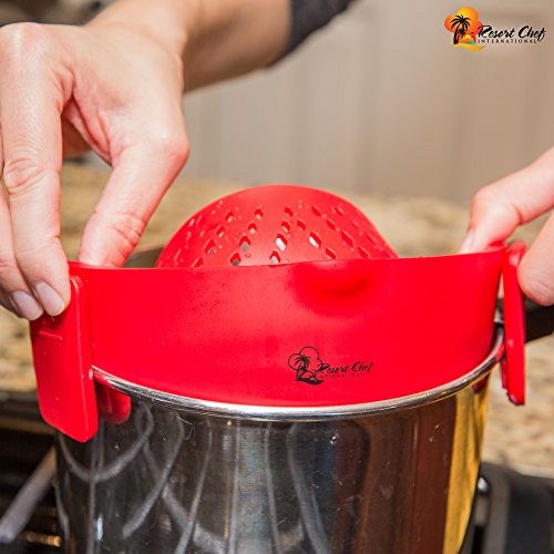 Colador de Olla con Clip de Cocina. Lo Mejor para filtrar Pasta, Grasa, Huevos, arroz, Frutas y Verduras - Materiales aprobados por LFGB sin BPA - Incluye espátula de Silicona Correspondiente