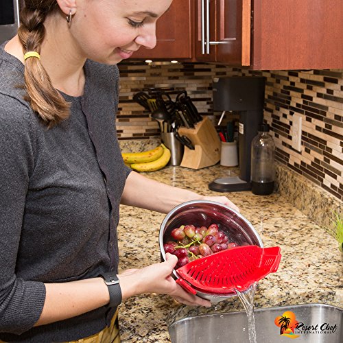 Colador de Olla con Clip de Cocina. Lo Mejor para filtrar Pasta, Grasa, Huevos, arroz, Frutas y Verduras - Materiales aprobados por LFGB sin BPA - Incluye espátula de Silicona Correspondiente