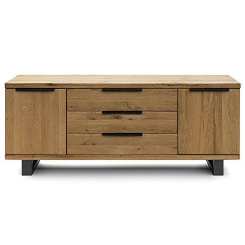 COMIFORT Aparador de Madera Maciza - Mueble para Salón Moderno, Estilo Minimalista, Cómoda de Almacenaje con Cajonera de 2 Puertas y 3 Cajones, Color Roble Ahumado