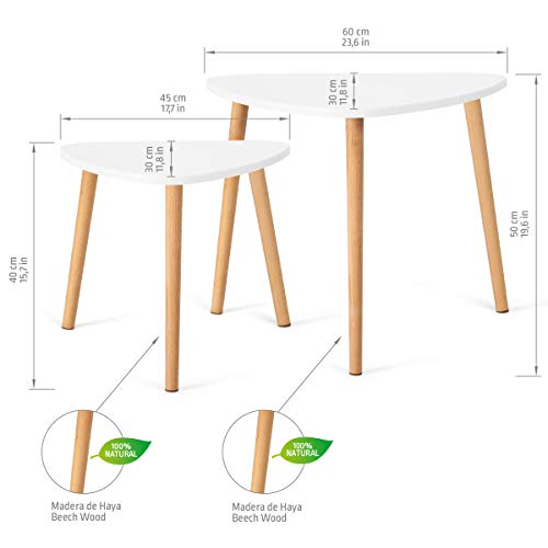 COMIFORT Juego de Mesas Auxiliares - Mesas Nido de Estilo Nórdico, Moderno y Minimalista, Muy Resistente, Set de 2 Piezas Triangulares, Color Blanco y Haya 100% Natural