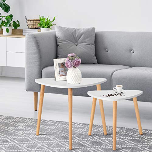 COMIFORT Juego de Mesas Auxiliares - Mesas Nido de Estilo Nórdico, Moderno y Minimalista, Muy Resistente, Set de 2 Piezas Triangulares, Color Blanco y Haya 100% Natural