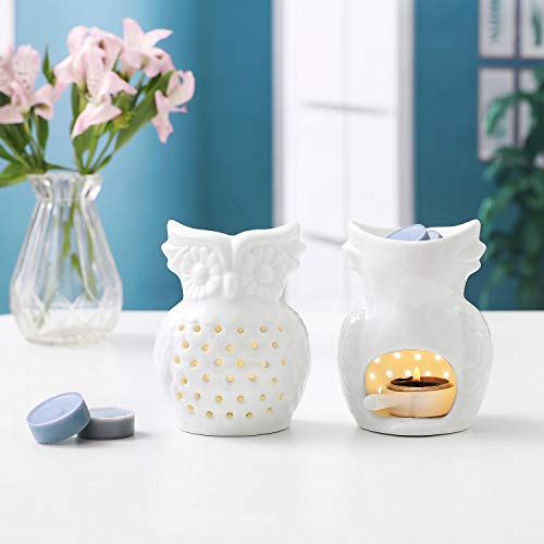 ComSaf Búho Quemadores de Aceite con Cuchara de Vela Conjunto Blanco, Cera de Porcelana Candelita Derrite Quemadores Encantador Quemador de Aceite Difusor de Aroma Decoración Casa