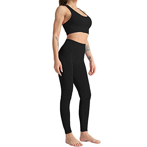 Conjunto Yoga 3 Piezas Ropa Fitness , Pantalones De Yoga Súper Elásticos Sin Costuras+Bralette Para Mujer+Camiseta Deportiva De Manga Larga Sin Costuras Mujer Negro ( M