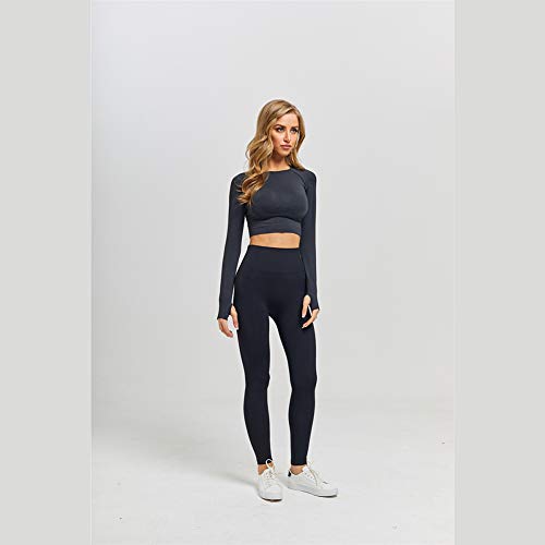 Conjunto Yoga 3 Piezas Ropa Fitness , Pantalones De Yoga Súper Elásticos Sin Costuras+Bralette Para Mujer+Camiseta Deportiva De Manga Larga Sin Costuras Mujer Negro ( M