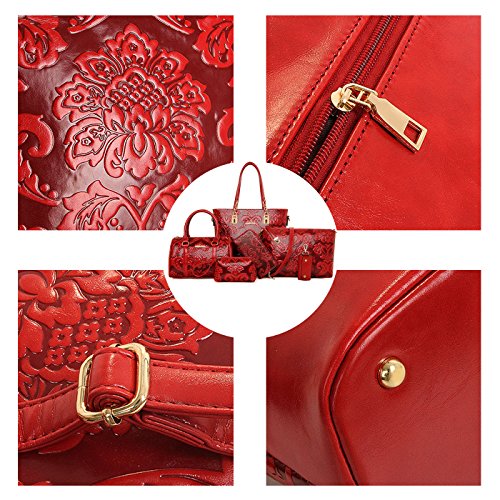 Coolives Conjunto de Bolso de Mano Clásica Flor Gofrado 6 Piezas para Mujer en Cuero de PU Azul