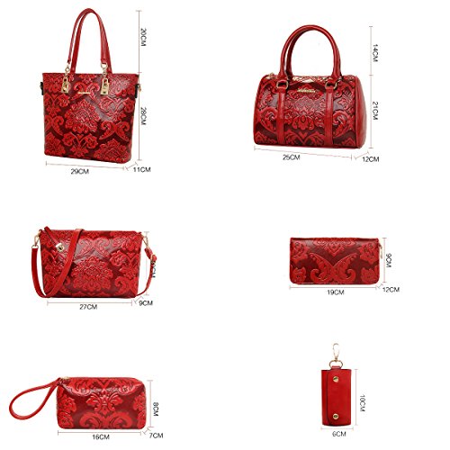 Coolives Conjunto de Bolso de Mano Clásica Flor Gofrado 6 Piezas para Mujer en Cuero de PU Azul