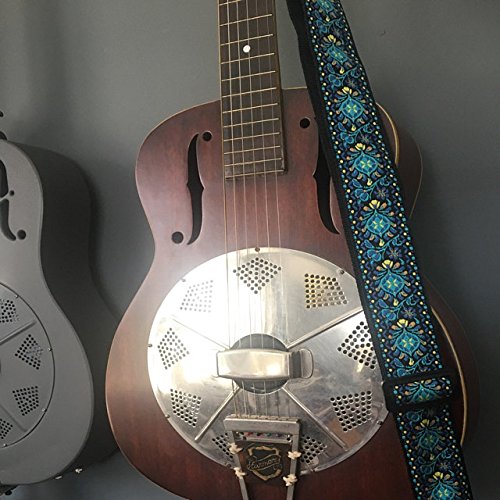 Correa de guitarra de estilo folk – Pack de colgador de guitarra de tejido jacquard con 2 cierres para correas y 2 púas – Correa para bajo, guitarra eléctrica y acústica con bolsillo para púas