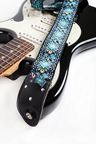 Correa de guitarra de estilo folk – Pack de colgador de guitarra de tejido jacquard con 2 cierres para correas y 2 púas – Correa para bajo, guitarra eléctrica y acústica con bolsillo para púas
