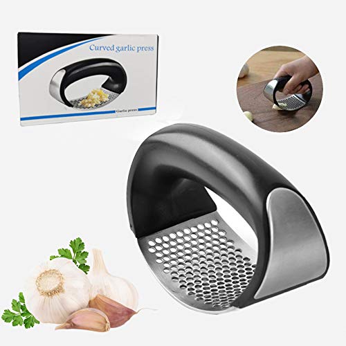 Cortador de Ajo, Prensa de Ajo Acero Inoxidable Profesional Garlic Press Curvado Prensador de ajos de Mano Profesional, Mango Ergonómico, Fácil de Limpiar