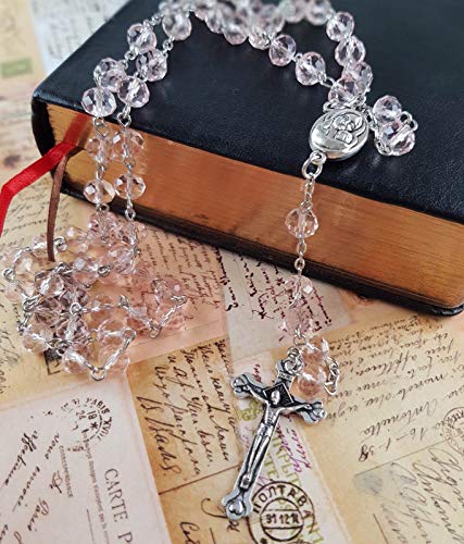 Crucifijo y cristal rosa luz granos rosario católico collar medalla de suelo Santo