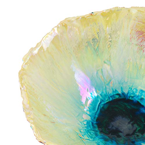 Cuenco artesanal de cerámica de loza lustrada dorada y turquesa, ahumado, 27 cm de diámetro