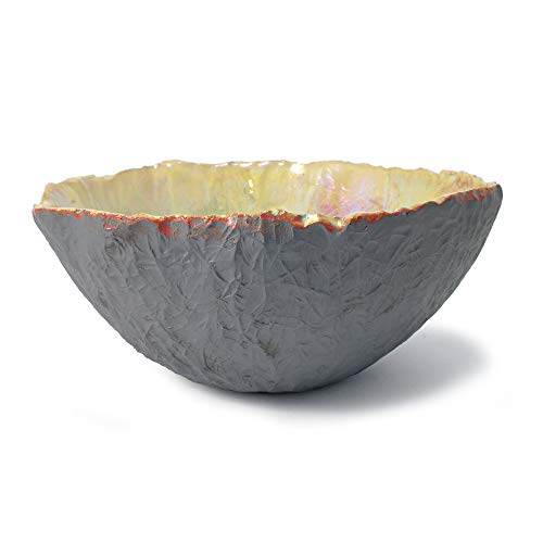 Cuenco artesanal de cerámica de loza lustrada dorada y turquesa, ahumado, 27 cm de diámetro