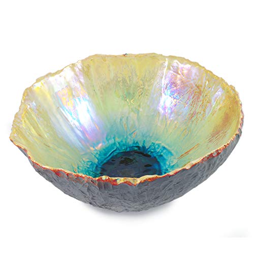 Cuenco artesanal de cerámica de loza lustrada dorada y turquesa, ahumado, 27 cm de diámetro