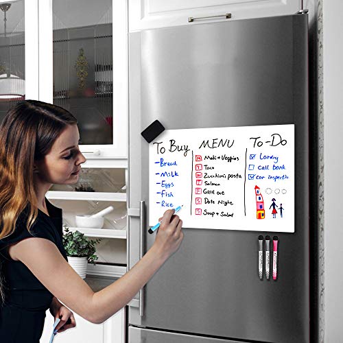 CUHIOY Pizarra Magnética Blanca A3+ para Nevera,Cocina Menú Lista Compras,Memo Recordatorio Plan Diario Avisos,Graffiti para Niños,Borrado en Seco Tablero Refrigerador,4 Marcadores e 1 Borrador