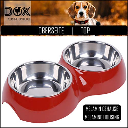 DDOXX Comedero Doble Perro, Antideslizante | Muchos Colores y Tamaños | para Perros Pequeño, Mediano y Grande | Bol Accesorios Acero INOX-Idable Melamina Gato Cachorro | Rojo, 2 x 160 ml