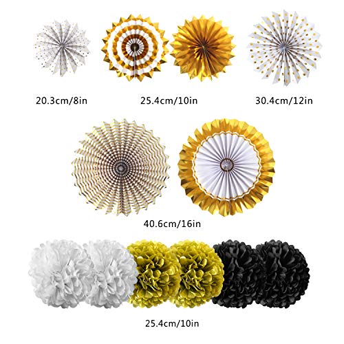 Decoraciones de cumpleaños, color negro y dorado para hombres con pancarta de cumpleaños preensamblada para colgar papel de papel de seda flores y guirnaldas de lunares