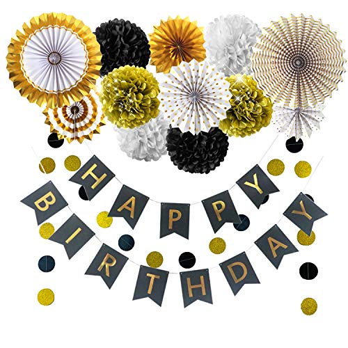 Decoraciones de cumpleaños, color negro y dorado para hombres con pancarta de cumpleaños preensamblada para colgar papel de papel de seda flores y guirnaldas de lunares