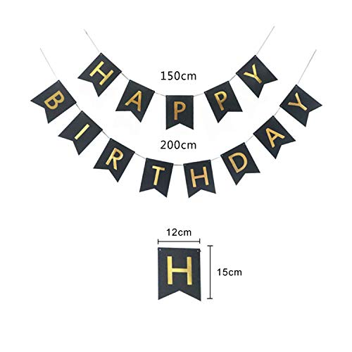 Decoraciones de cumpleaños, color negro y dorado para hombres con pancarta de cumpleaños preensamblada para colgar papel de papel de seda flores y guirnaldas de lunares