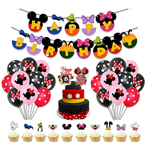 Decoraciones de cumpleaños de Mickey Mouse Banner de Happy Birthday Adorno Pastel Globos de lunares para la fiesta Temática de Mickey Mouse