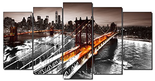 DekoArte 434 - Cuadros Modernos Impresión de Imagen Artística Digitalizada | Lienzo Decorativo Para Tu Salón o Dormitorio | Ciudades Nueva York Puente De Brooklyn Iluminado | 5 Piezas 200 x 100 cm XXL