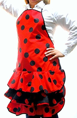Delantal Flamenca Económico Color Rojo y Lunares Negros Talla ünica de Adulto. Material Algodón y Poliéster.