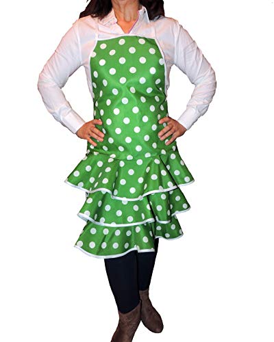 Delantal Flamenca Económico Color Verde y Lunares Blancos Talla ünica de Adulto. Material Algodón y Poliéster.