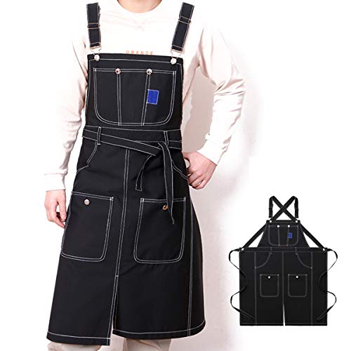 Delantal Profesional Correas De Cuello Ensanchadas + Pierna Dividida Delantal Ajustable Para Mujer Hombre,Negro