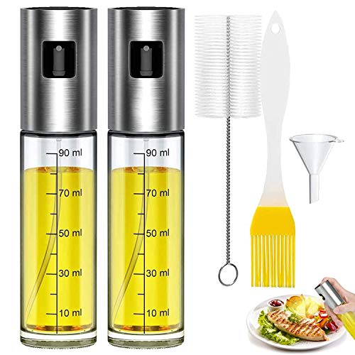 DERU Pulverizador de Aceite, Dispensador de Aceite de Oliva, Spray Aceite Cocina 100ML - con Cepillo de Barbacoa, Cepillo de Limpieza y Embudo, para Cocinar/Ensalada/Hornear Pan/BBQ/Cocina (2 Pcs)