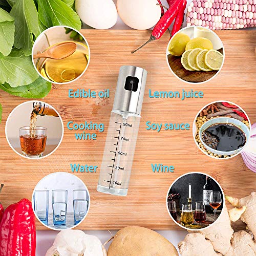 DERU Pulverizador de Aceite, Dispensador de Aceite de Oliva, Spray Aceite Cocina 100ML - con Cepillo de Barbacoa, Cepillo de Limpieza y Embudo, para Cocinar/Ensalada/Hornear Pan/BBQ/Cocina (2 Pcs)
